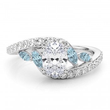 Swirl Design Lab Grown Diamond & Marquise Lab Aquamarine Engagement Ring 18K White Gold (0.63ct)